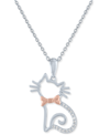 Macy's Diamond Accent Cat With Bowtie Pendant Necklace In Sterling Silver & 14k Rose Gold-plate, 16" + 2" E In Sterling Silver