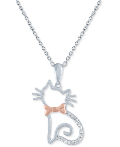 Macy's Diamond Accent Cat With Bowtie Pendant Necklace In Sterling Silver & 14k Rose Gold-plate, 16" + 2" E