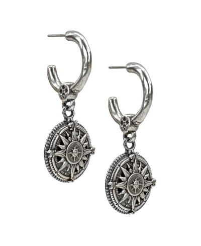 Patricia Nash Silver-tone Compass Charm C-hoop Earrings In Silver Ox