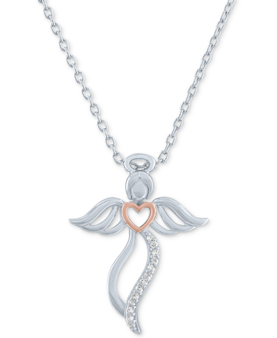 Macy's Diamond Accent Angel Heart Pendant Necklace In Sterling Silver & 14k Rose Gold-plate, 16" + 2" Exten