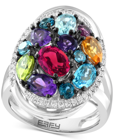 Effy Collection Effy Multi-gemstone (4 Ct. T.w.) & Diamond (1/4 Ct. T.w.) Cluster Ring In Sterling Silver In Multi Gemstones