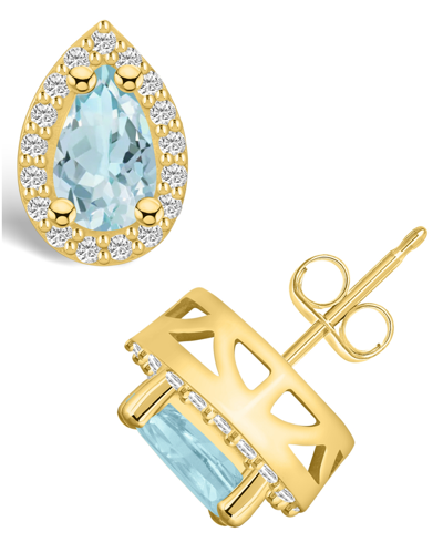 Macy's Aquamarine (1-3/8 Ct. T.w.) And Diamond (1/3 Ct. T.w.) Halo Stud Earrings In 14k Yellow Gold