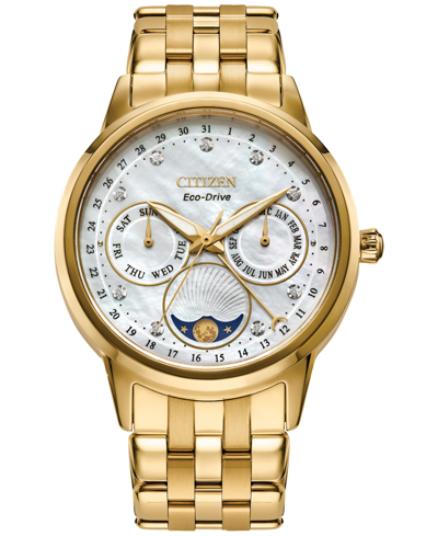 Citizen Eco-drive Women's Calendrier Diamond-accent Gold-tone Stainless Steel Bracelet Watch 37mm In Gold Tone / Mother Of Pearl / White
