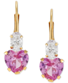Macy's Lab-grown Pink Sapphire (2 Ct. T.w.) & Cubic Zirconia Heart Drop Earrings In 14k Gold In Pink Sapphire