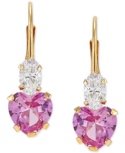 Macy's Lab-grown Pink Sapphire (2 Ct. T.w.) & Cubic Zirconia Heart Drop Earrings In 14k Gold