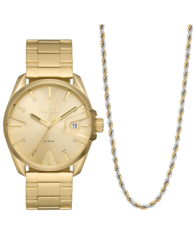 Diesel Men's Ms9 Three-hand Date Gold-tone Stainless Steel Bracelet Watch 44mm And Necklace Set In Oro
