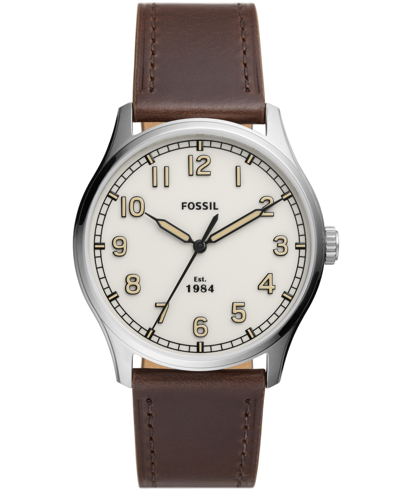 Fossil Men's Day Liner Three Hand, Brown Leather Strap Watch 42mm In White/brown