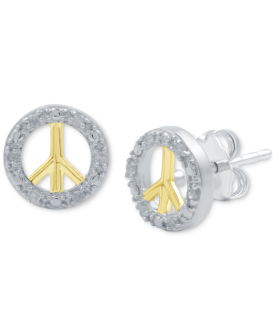 Macy's Diamond Peace Sign Stud Earrings (1/10 Ct. T.w.) In Sterling Silver & 14k Gold-plate In Two-tone