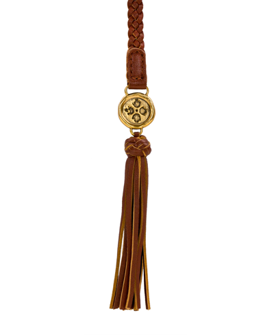 Patricia Nash Gold-tone Floret Braided Leather 52" Lariat Necklace In Tan