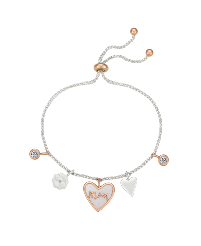 Unwritten 14k Gold Flash-plated Mother Of Pearl Inlay And Cubic Zirconia "mom" Flower Heart Charm Bolo Bracele In Rose Gold Two-tone