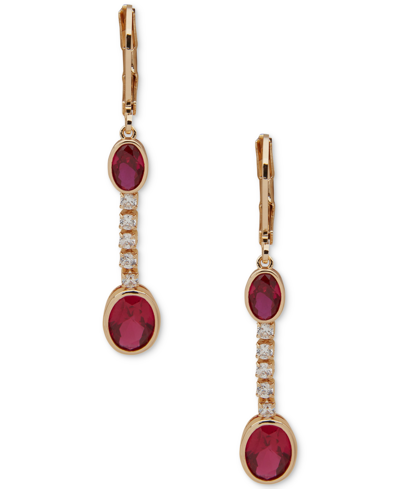Anne Klein Gold-tone Pave Crystal Oval Linear Earrings In Red