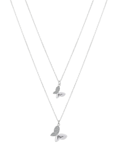 Unwritten Crystal "mom" And "mini" Butterfly Chain Necklace Set With Extender (0.02 Ct. T.w.) In Fine Silver P In Fine Silver Plated