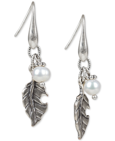 Patricia Nash Silver-tone Freshwater Pearl & Leaf Drop Earrings In Silver Ox
