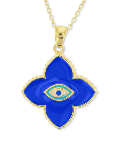 Macy's Lab-grown Blue Spinel & Enamel Evil Eye Flower Pendant Necklace In 14k Gold-plated Sterling Silver