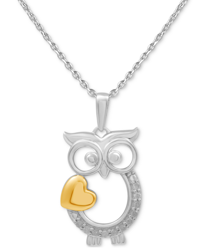 Macy's Diamond Owl Heart 18" Pendant Necklace (1/10 Ct. T.w.) In Sterling Silver Or Sterling Silver & 14k G In Two-tone