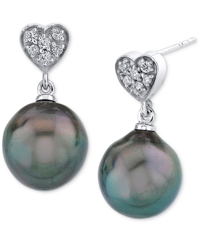 Macy's Cultured Freshwater Pearl (9mm) & Diamond (1/10 Ct. T.w.) Heart Cluster Drop Earrings In 14k Gold In Black