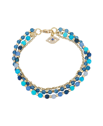 Unwritten Triple Strand Multi-bead Link Evil-eye Charm In Gold-tone Silver Plated In Blue