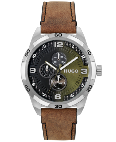 Hugo Men's Grip Brown Genuine Leather Strap Watch, 46mm