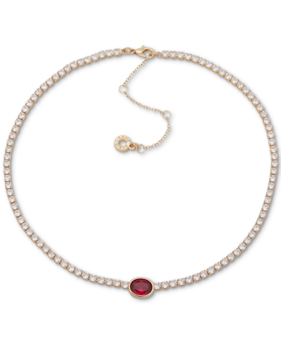 Anne Klein Gold-tone Pave Crystal Oval Pendant Tennis Necklace, 16" + 3" Extender In Red