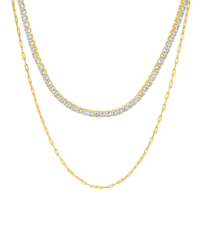 And Now This Double Row Chain With Cubic Zirconia Tennis Necklace And Clip Chain Necklace In Gold Plated