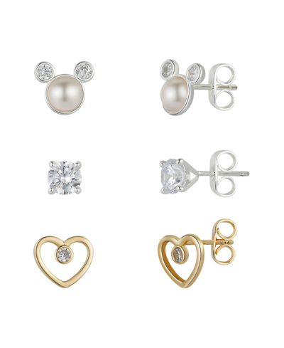 Disney Cubic Zirconia Mickey Mouse Earring In 14k Gold Flash Plated Set 3 Piece In Gold Two-tone