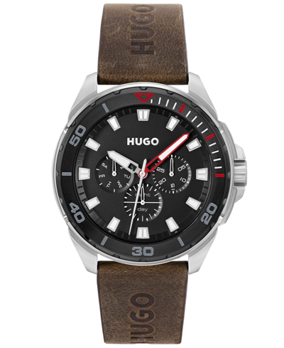 Hugo Black-dial Watch With Brown Logo-embossed Strap Men's Watches In Assorted-pre-pack