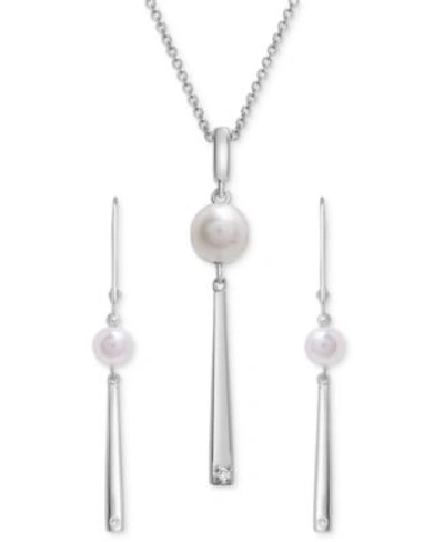 Macy's Cultured Freshwater Pearl 6mm Diamond Accent Necklace Drop Earring Collection In Sterling Silver