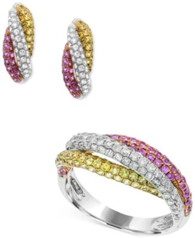 Macy's 2 Pc. Set Yellow Pink Sapphire 2 1 2 Ct. T.w. Diamond 1 Ct. T.w. Earrings Ring In 14k White Gold