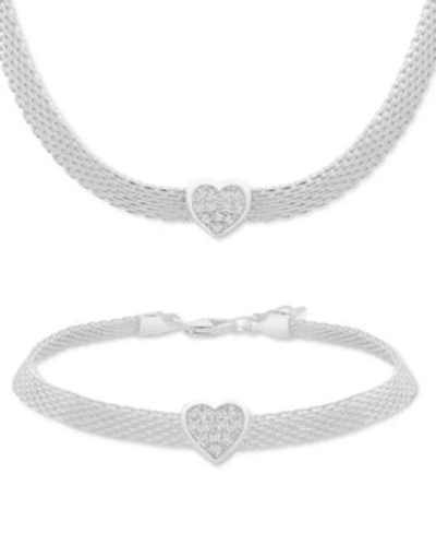 Macy's Cubic Zirconia Heart Mesh Link Necklace Bracelet Collection In Sterling Silver