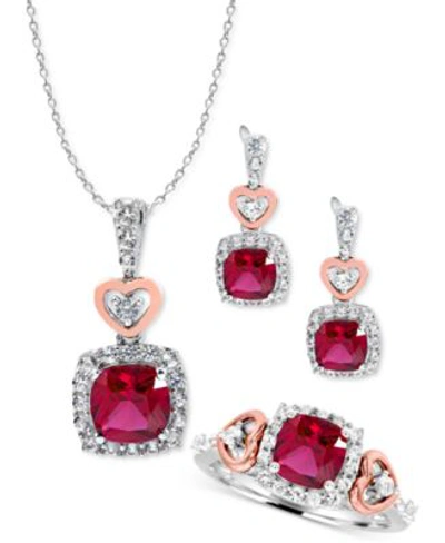 Macy's Lab Created Ruby Lab Created White Sapphire Heart Two Tone Jewelry Collection In Sterling Silver 14k In Red