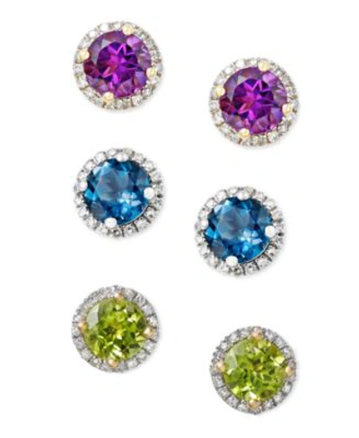 Macy's Semi Precious Gemstone Diamond Halo Cushion Stud Earrings In 14k White Rose Yellow Gold In Peridot