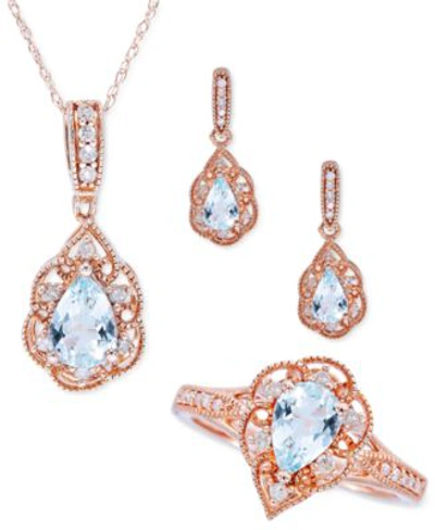 Macy's 3 Pc. Set Aquamarine 1 5 8 Ct. T.w. Diamond 3 10 Ct. T.w. Ring Pendant Necklace Stud Earrings In 14k