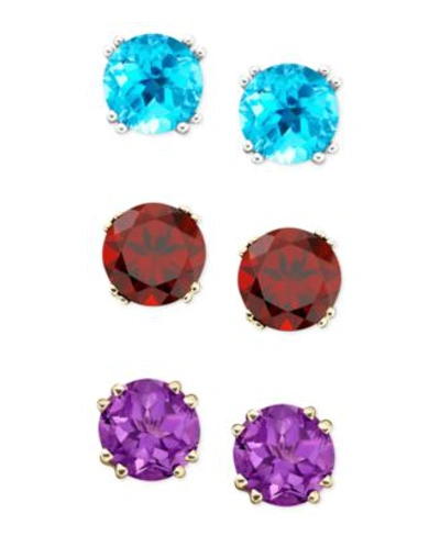 Macy's Semi Precious Gemstone Round Stud Earrings In 14k White Yellow Gold In London Blue Topaz