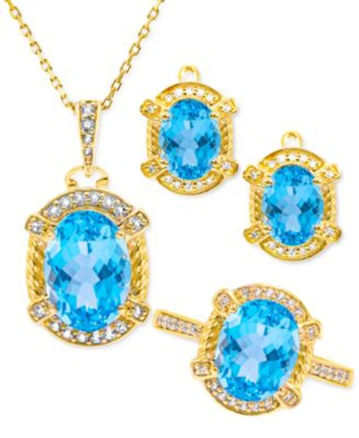 Macy's 3 Pc. Set Swiss Blue Topaz 9 1 2 Ct. T.w. Diamond 3 8 Ct. T.w. Pendant Necklace Earrings Ring In 18k