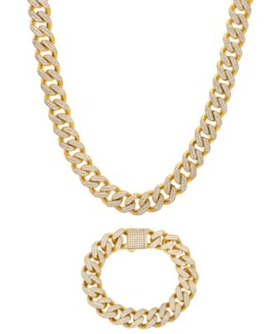 Macy's Mens Cubic Zirconia Curb Link Chain Necklace Bracelet In 24k Gold Plated Sterling Silver In Gold Over Silver
