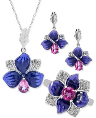 Macy's Pink White Topaz Purple Enamel Floral Jewelry Collection In Sterling Silver