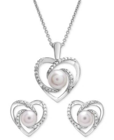 Macy's Cultured Freshwater Pearl 6mm Diamond Accent Heart Necklace Earring Collection In Sterling Silver