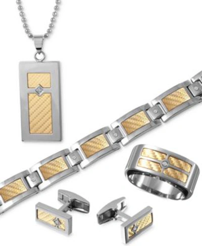 Macy's Mens Inlay Jewelry In 18k Gold Stainless Steel In Silver