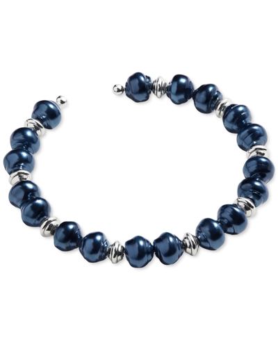 Alex And Ani Silver-tone Gray Imitation Pearl Beaded Cuff Bracelet In Shiny Silv/blue
