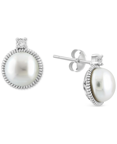 Effy Collection Effy Cultured Freshwater Pearl (9 Mm) & White Topaz (1/20 Ct. T.w.) Stud Earrings In Sterling Silver