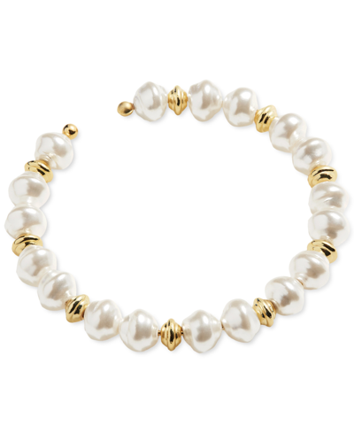 Alex And Ani Silver-tone Gray Imitation Pearl Beaded Cuff Bracelet In Shiny Gold/white