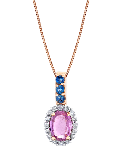 Macy's Multi-sapphire (1-1/5 Ct. T.w.) & Diamond (1/6 Ct. T.w.) Oval Halo 18" Pendant Necklace In 14k Rose In Pink  Blue Sapphire