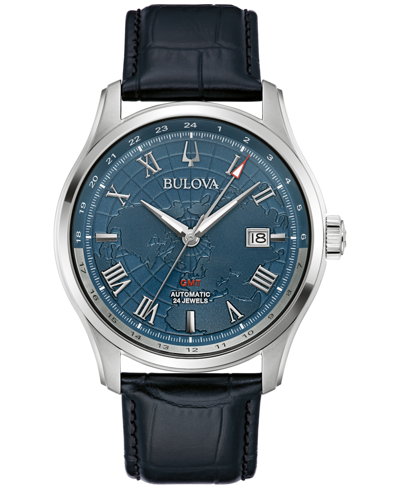 Bulova Men's Automatic Wilton Gmt Black Leather Strap Watch 43mm In Blue