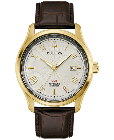 Bulova Men's Automatic Wilton Gmt Brown Leather Strap Watch 43mm In Brown / Gold Tone / Silver