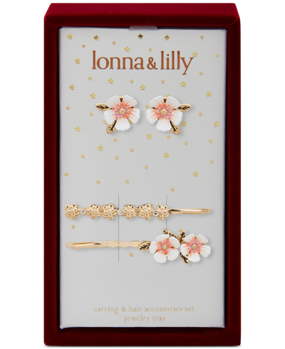 Lonna & Lilly Gold-tone White Flower Bobby Pins & Stud Earrings Set