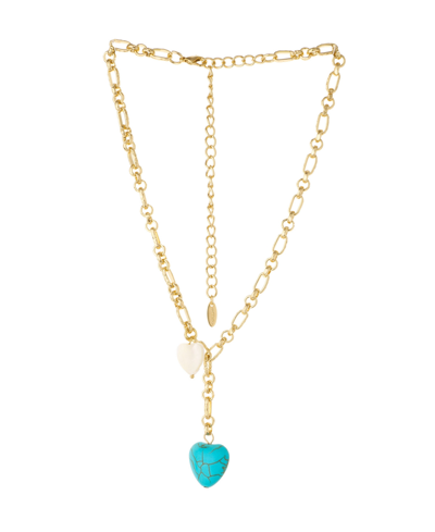Ettika Turquoise And Pearl Heart 18k Gold Plated Linked Chain Lariat