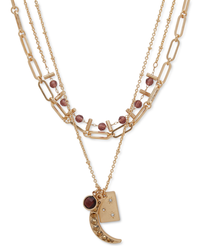 Lonna & Lilly Gold-tone Mixed Stone Moon Multi-charm Layered Pendant Necklace, 16" + 3" Extender In Wine