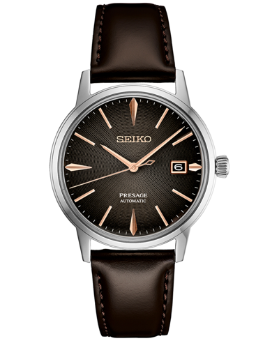 Seiko Men's Automatic Presage Brown Leather Strap Watch 40mm In Charcoal