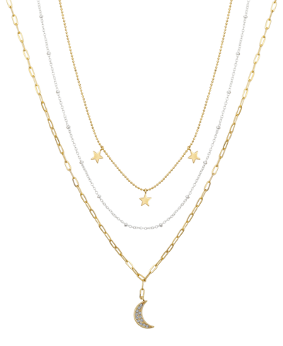 Unwritten 14k Two-tone Gold Crystal Moon Pendant On A Link Chain, Beaded Chain And Beaded Triple Star Chain, 3 In K Gold Two-tone Flash Plated