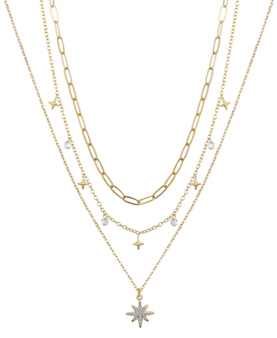 Unwritten 14k Gold Flash Plated Brass Crystal Star Pendant, Cubic Zirconia And Multi Star Charmed, 3-piece Nec In Yellow